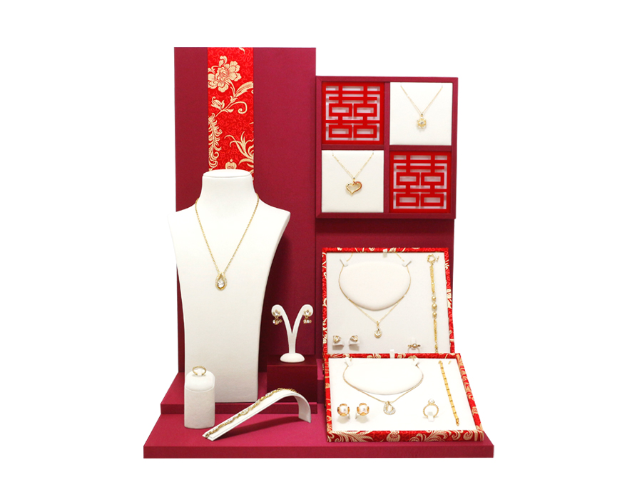 紅色優雙囍字結婚黃金珠寶飾品陳列道具套組